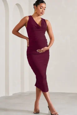 Mabel | Burgundy Cowl-Neck Ruched Maternity Midi Dress