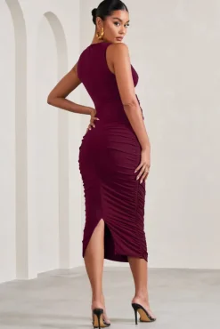 Mabel | Burgundy Cowl-Neck Ruched Maternity Midi Dress