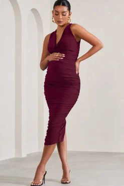 Mabel | Burgundy Cowl-Neck Ruched Maternity Midi Dress