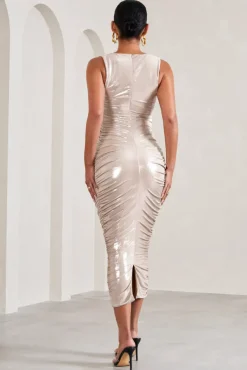 Mabel | Gold Metallic Cowl-Neck Ruched Maternity Midi Dress