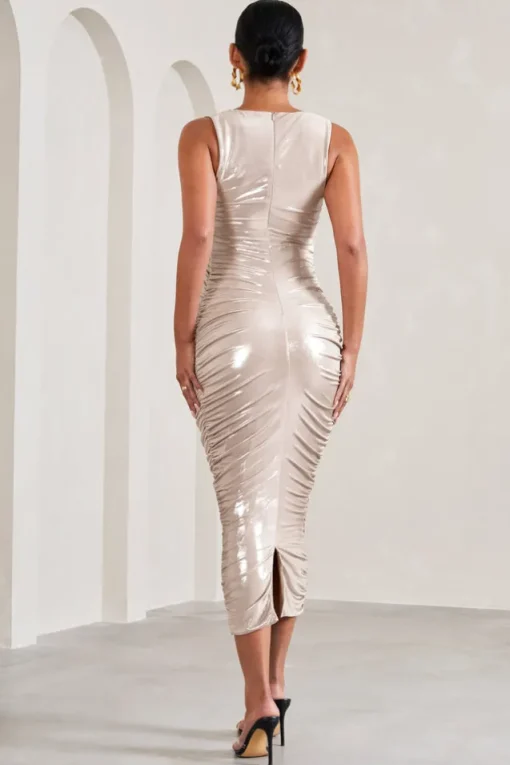 Mabel | Gold Metallic Cowl-Neck Ruched Maternity Midi Dress