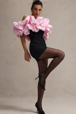 Macaron | Black Bardot Mini Dress With Pink Ruffle Trim