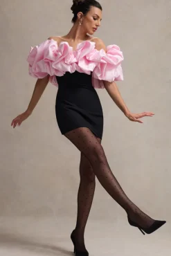 Macaron | Black Bardot Mini Dress With Pink Ruffle Trim