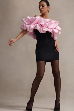 Macaron | Black Bardot Mini Dress With Pink Ruffle Trim