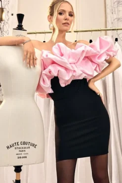 Macaron | Black Bardot Mini Dress With Pink Ruffle Trim