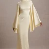 Maceline | Ecru Satin High-Neck Maxi Dress With Cape Sleeves