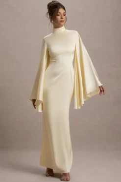Maceline | Ecru Satin High-Neck Maxi Dress With Cape Sleeves
