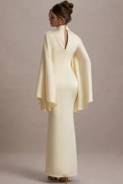 Maceline | Ecru Satin High-Neck Maxi Dress With Cape Sleeves