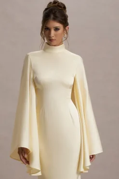 Maceline | Ecru Satin High-Neck Maxi Dress With Cape Sleeves