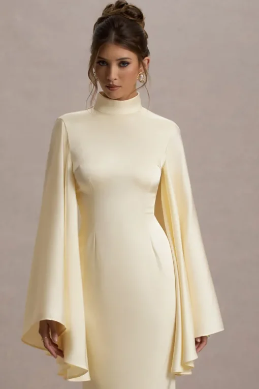 Maceline | Ecru Satin High-Neck Maxi Dress With Cape Sleeves