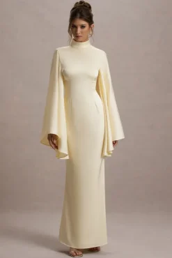 Maceline | Ecru Satin High-Neck Maxi Dress With Cape Sleeves