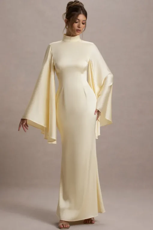 Maceline | Ecru Satin High-Neck Maxi Dress With Cape Sleeves