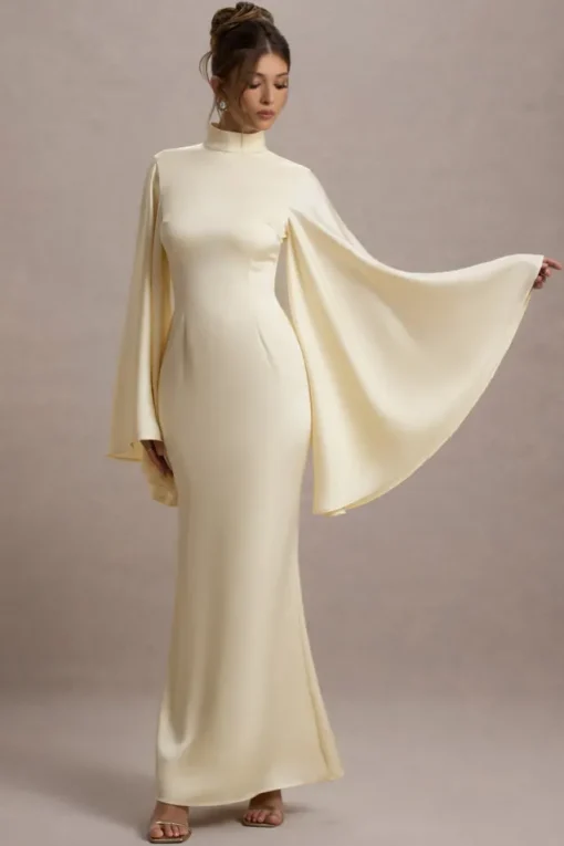 Maceline | Ecru Satin High-Neck Maxi Dress With Cape Sleeves