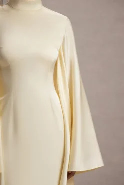 Maceline | Ecru Satin High-Neck Maxi Dress With Cape Sleeves