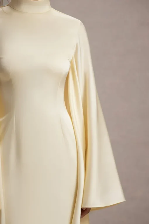 Maceline | Ecru Satin High-Neck Maxi Dress With Cape Sleeves