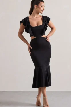 Macey | Black Square-Neck Cut-Out Ruffled Midi Dress