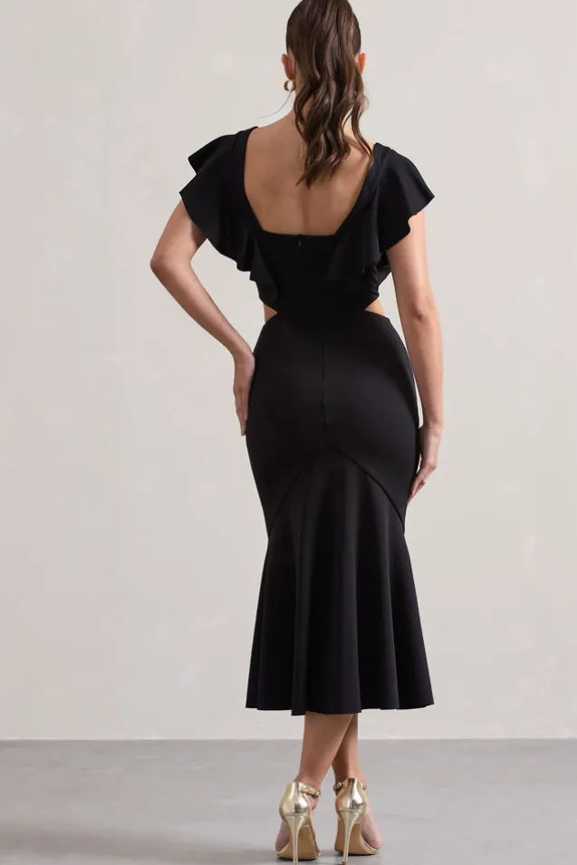 Macey | Black Square-Neck Cut-Out Ruffled Midi Dress