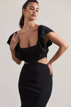 Macey | Black Square-Neck Cut-Out Ruffled Midi Dress