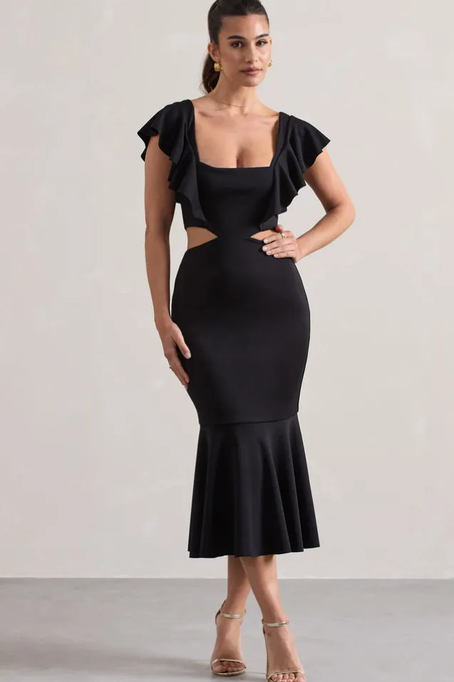 Macey | Black Square-Neck Cut-Out Ruffled Midi Dress