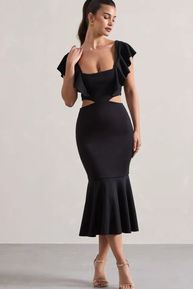 Macey | Black Square-Neck Cut-Out Ruffled Midi Dress