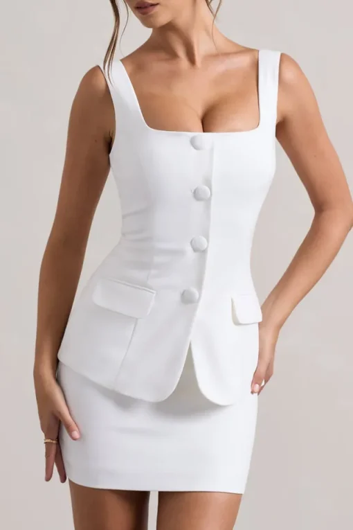 Maci | White Tailored Square-Neck Mini Dress