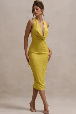 Maciza | Mustard Satin Jacquard Cowl-Neck Midi Dress