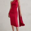 Madame | Berry Red Satin Asymmetric Scarf Neck Backless Midi Dress