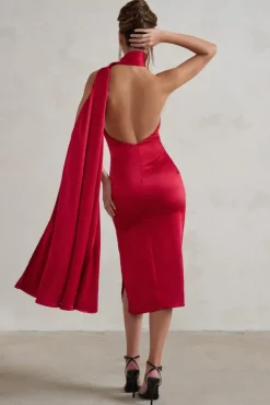Madame | Berry Red Satin Asymmetric Scarf Neck Backless Midi Dress