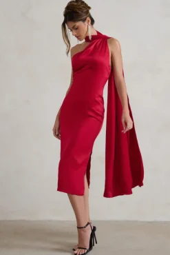 Madame | Berry Red Satin Asymmetric Scarf Neck Backless Midi Dress