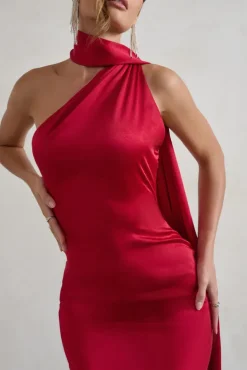 Madame | Berry Red Satin Asymmetric Scarf Neck Backless Midi Dress