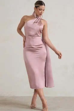 Madame | Blush Pink Satin Asymmetric Scarf Neck Backless Midi Dress