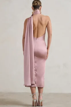 Madame | Blush Pink Satin Asymmetric Scarf Neck Backless Midi Dress