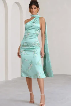Madame | Mint Green Floral Print Satin Asymmetric Scarf Neck Backless Midi Dress