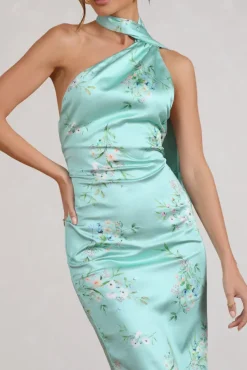 Madame | Mint Green Floral Print Satin Asymmetric Scarf Neck Backless Midi Dress