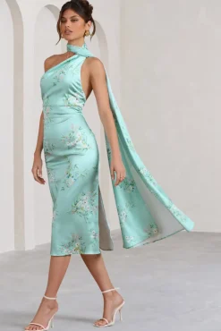 Madame | Mint Green Floral Print Satin Asymmetric Scarf Neck Backless Midi Dress