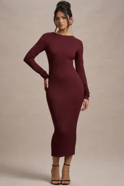 Madden | Plum Rib Knit Cowl-Back Midi Dress