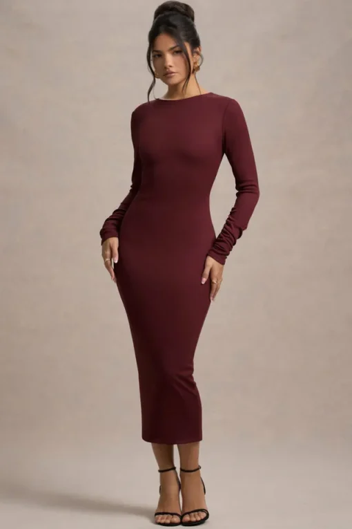Madden | Plum Rib Knit Cowl-Back Midi Dress