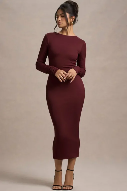 Madden | Plum Rib Knit Cowl-Back Midi Dress