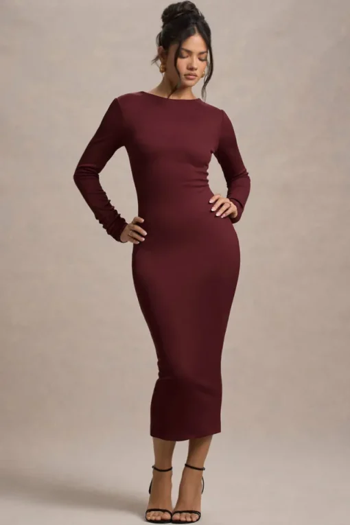 Madden | Plum Rib Knit Cowl-Back Midi Dress