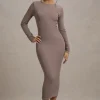 Madden | Taupe Rib Knit Cowl-Back Midi Dress