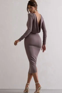 Madden | Taupe Rib Knit Cowl-Back Midi Dress