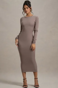 Madden | Taupe Rib Knit Cowl-Back Midi Dress