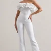 Maddox | White Strapless Ruffled Flared-Leg Jumpsuit