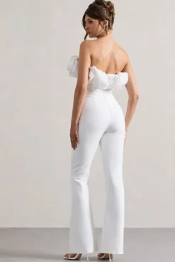 Maddox | White Strapless Ruffled Flared-Leg Jumpsuit