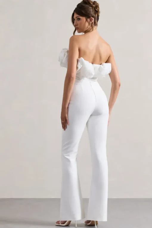 Maddox | White Strapless Ruffled Flared-Leg Jumpsuit
