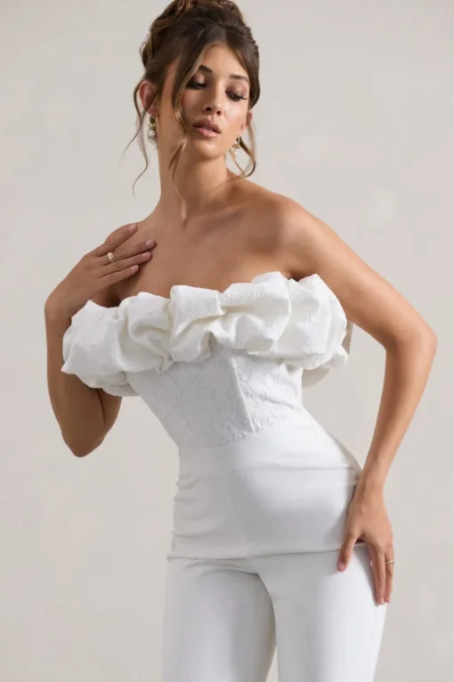 Maddox | White Strapless Ruffled Flared-Leg Jumpsuit