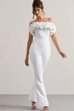Maddox | White Strapless Ruffled Flared-Leg Jumpsuit