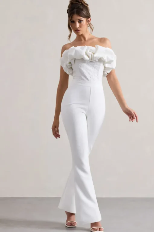 Maddox | White Strapless Ruffled Flared-Leg Jumpsuit