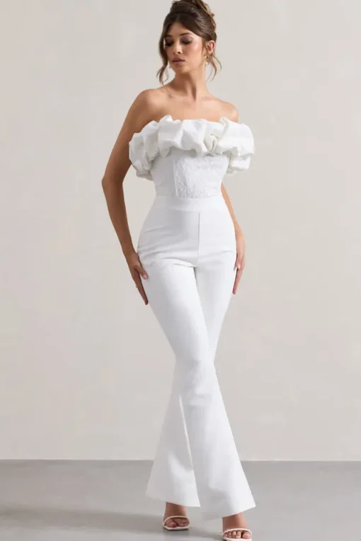 Maddox | White Strapless Ruffled Flared-Leg Jumpsuit