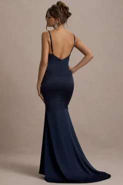 Made With Love | Navy Satin Strappy Fishtail Maxi Dress